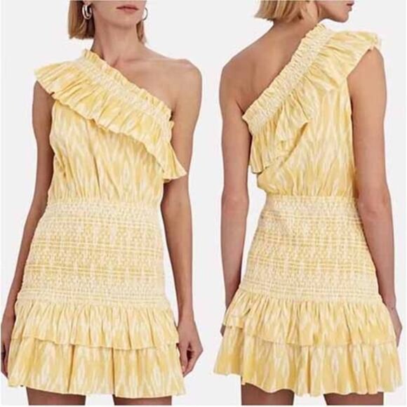 NWT Saylor Carren One-Shoulder Pull Over Smocked Ikat Cotton Mini Dress Yellow - Picture 8 of 8